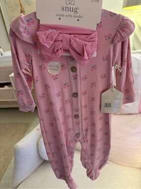 Snug Pink Floral Baby Pajama Gown with Headband